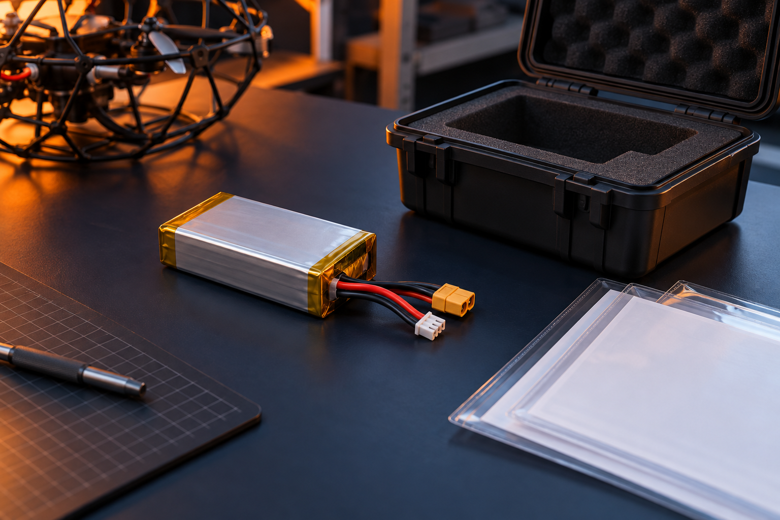 Illustrative civilian drone battery pack with blank documentation; not a compliance claim