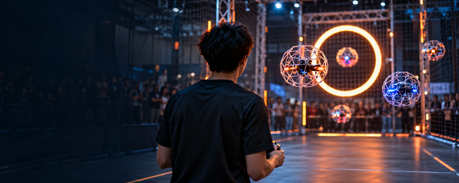 Indoor civilian drone soccer match with protected aircraft flying toward an illuminated goal