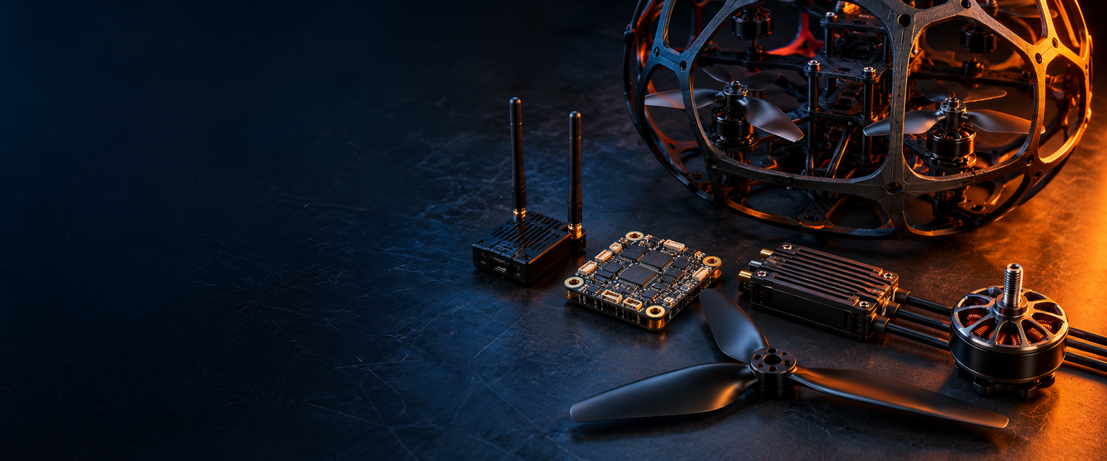 Illustrative FPV drone components including a circuit board, motor, propeller and RF hardware
